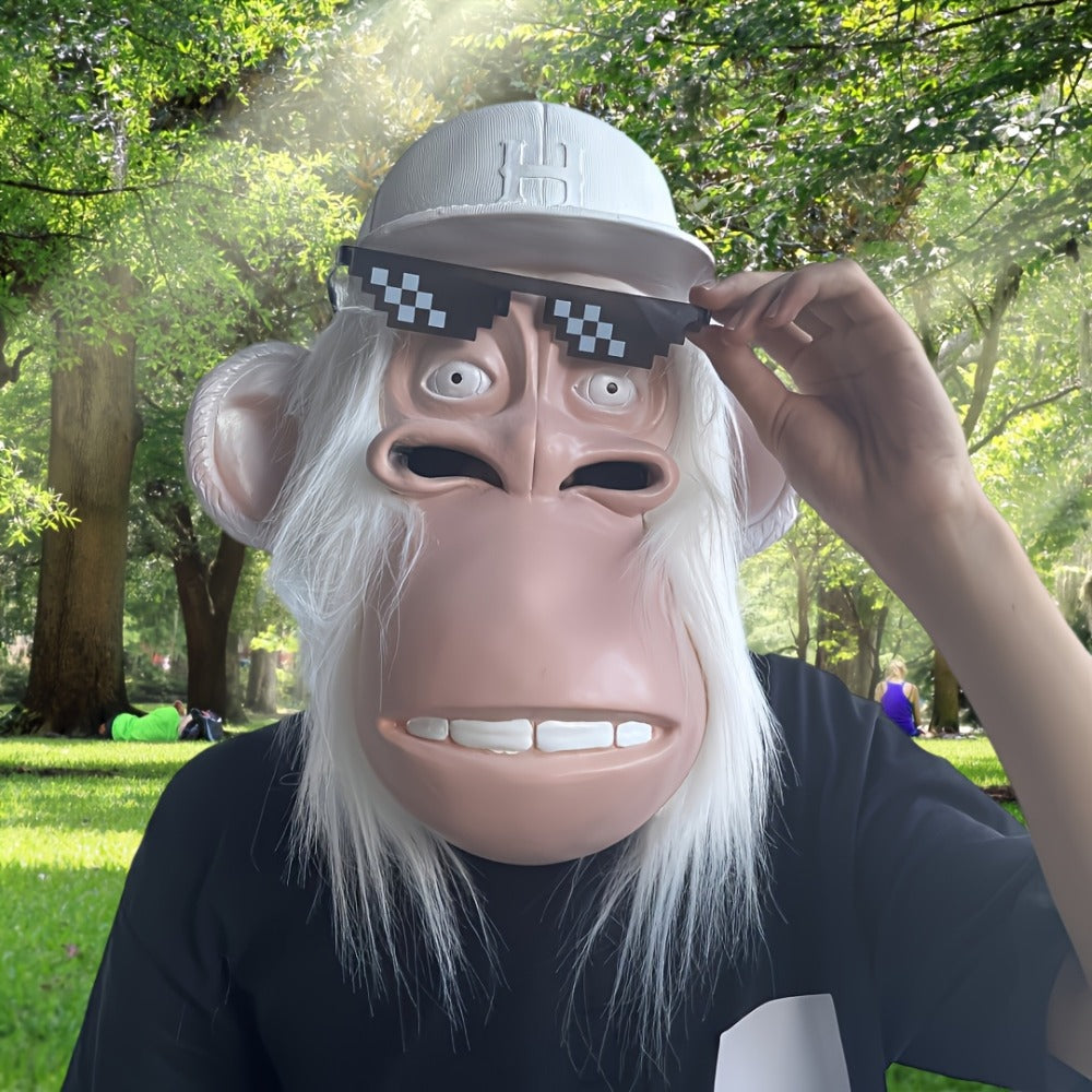 White-Haired Cartoon Ape Full-Head Costume Mask with White Cap and Pixel-Style Glasses in Two Face Styles — image 6