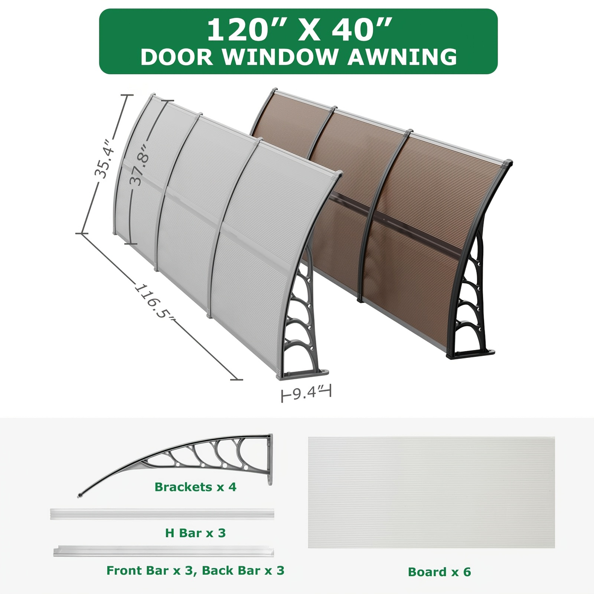 Door Awning 120"x40" Polycarbonate Canopy UPF50+ UV Rain Snow for Garden, Patio and Yard Use — image 5