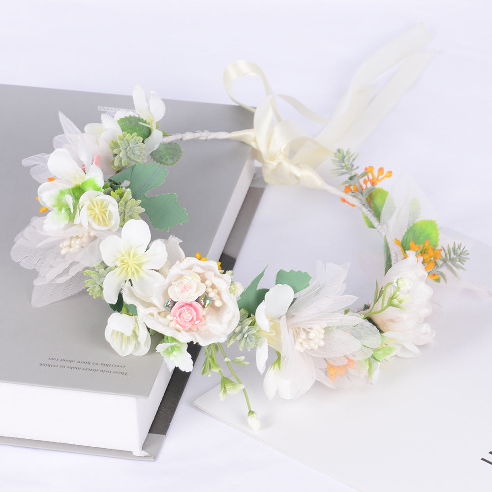 Korean style super fairy bride headdress simulation flower green leaf hair accessory sweet girl Hanfu wedding headdress wreath