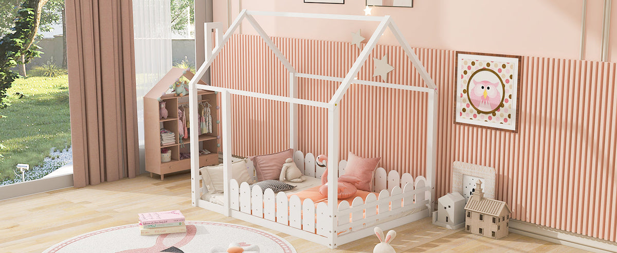 (Slats are not included) Full Size Wood Bed House Bed Frame with Fence for Kids Teens Girls Boys (White )