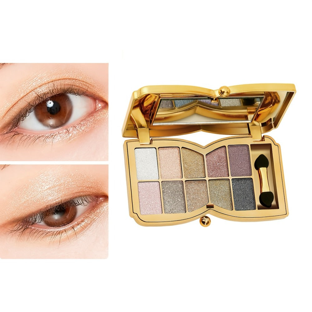 Eyeshadow Palette 10-Shade Gold Bow Compact with Mirror, Dual-Ended Applicator and Three Color Options — image 11