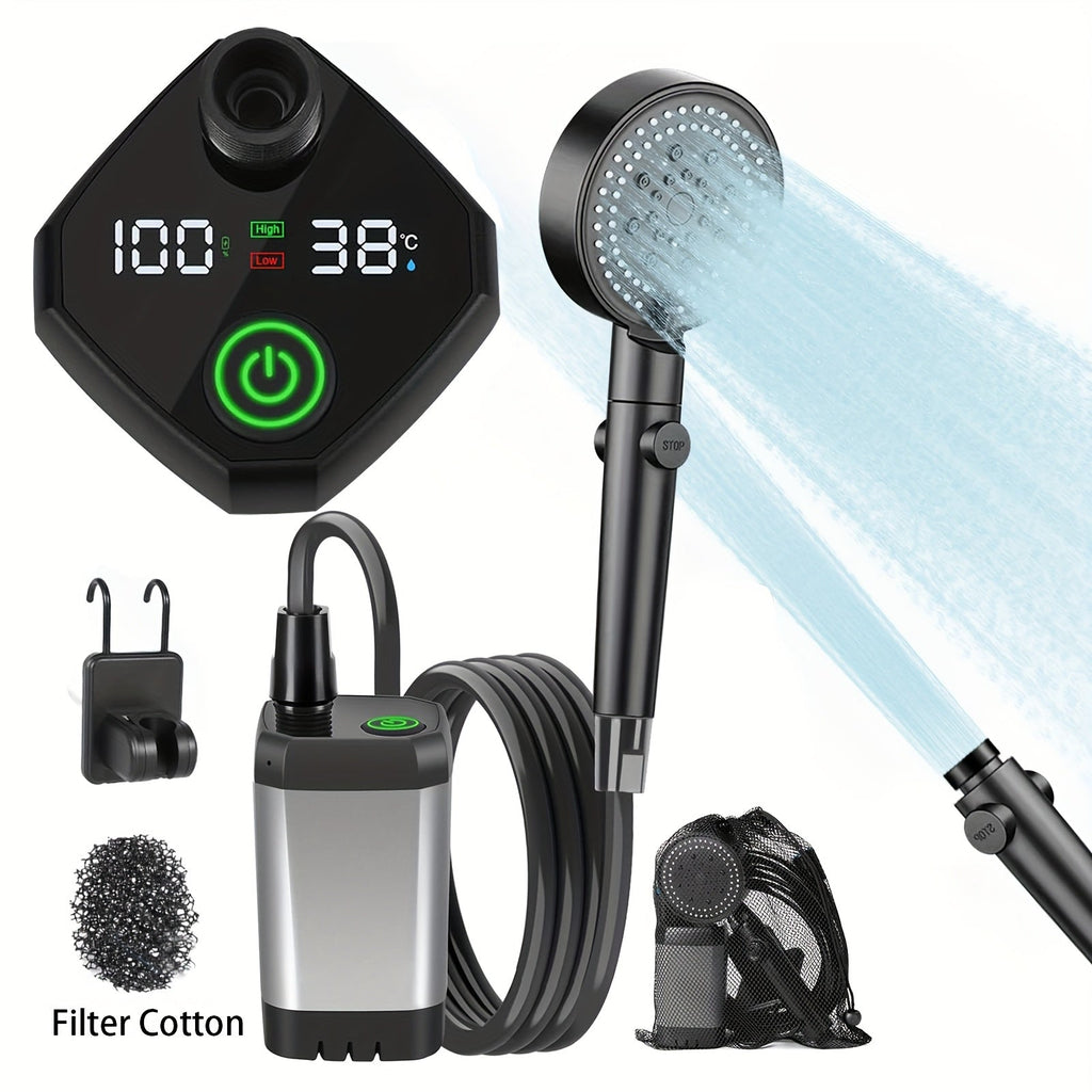 Portable Camping Shower – 6000mAh Battery, 120-Min Runtime, 6 Spray Modes, Smart Display, for Camping, Car Washing, Pet Clean