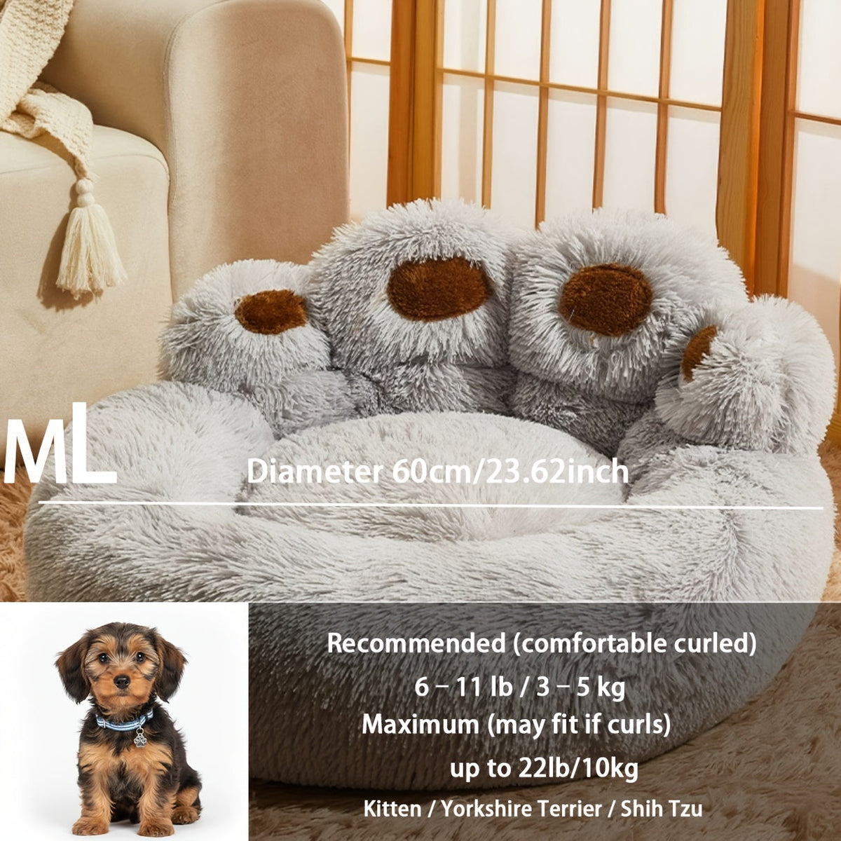 Bear Paw Plush Dog Bed with Filled Cushion Design in Pink, Grey or Coffee and Four Length Options — image 8
