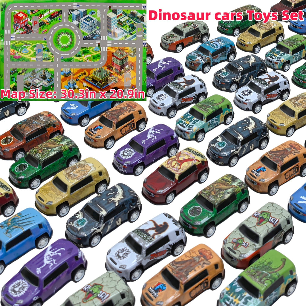 Dinosaur Toy Car Set 29-30pcs, Mini Pull Back Racing Cars with T-Rex Spinosaurus Pterodactyl Figures & City Traffic Map — ima