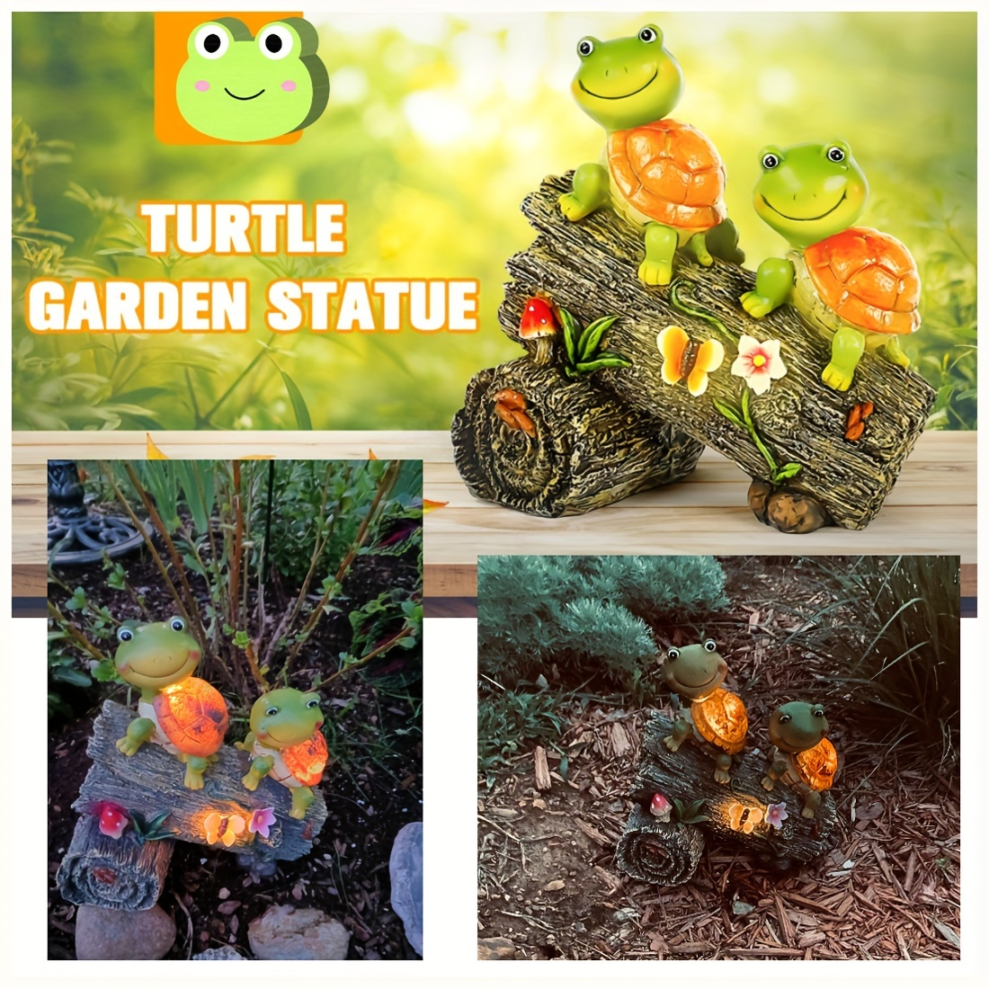 Solar Garden Turtle Statue with 4 LED Lights IP44 Waterproof Resin Frog Face Turtle Figurine Outdoor Decor for Patio Lawn Yar