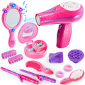 Girls Beauty Salon Toy Set 17 PCS, Pretend Play Hair Stylist Kit with Working Hairdryer Mirror Curling Wands Combs Clips & Je