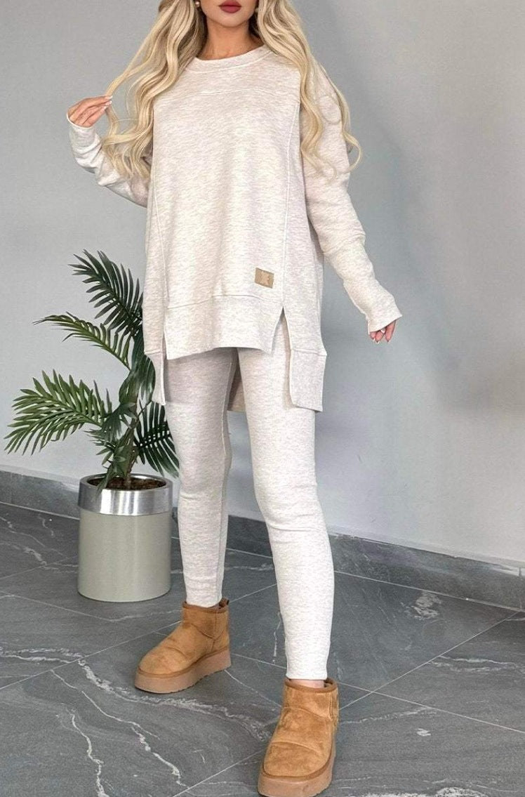 Women's Slit Long Sleeve Top And Trousers Suit