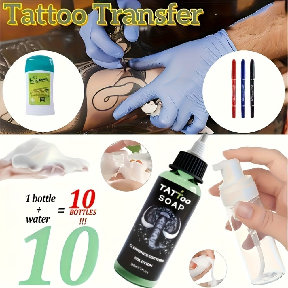 Tattoo Transfer Kit Complete Set with Ink Gel Green Soap Solution & Stencil Markers for Temporary Body Art, Festivals and Cos