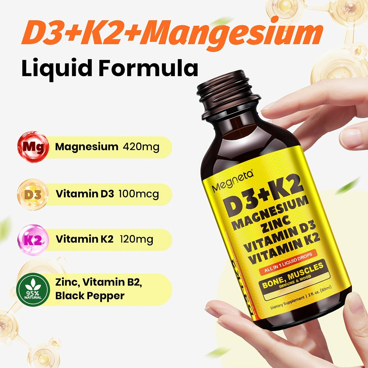 Vitamin D3 Liquid Drops 10000 IU with K2 MK-7 120mcg Magnesium Zinc Vitamin B2 for Bath Time, Home Spa and Personal Care — im
