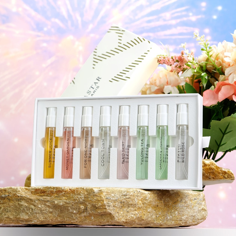 8 Piece Women's Perfume Gift Set Travel Size Mini EDT Bottles - Patchouli Fresh Floral Scents for Bath Time, Home Spa and Per