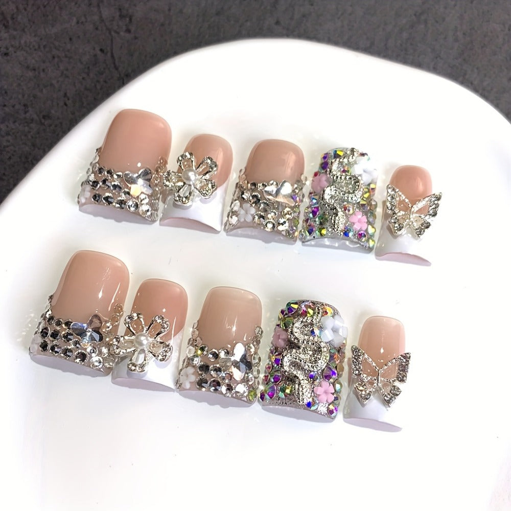 Press On Nails 10-Piece Duckbill Acrylic Set with White French, Floral and AB Shimmer Designs in S, M or L — image 5