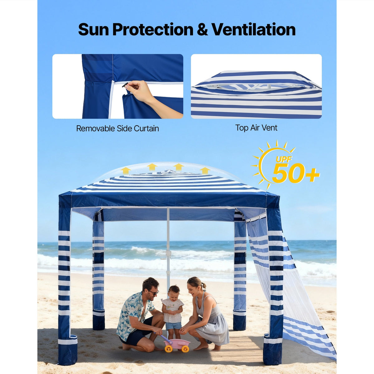 Beach Cabana 8x8ft UPF 50+ Adjustable Height Side Wall Navy Stripes for Garden, Patio and Yard Use — image 4