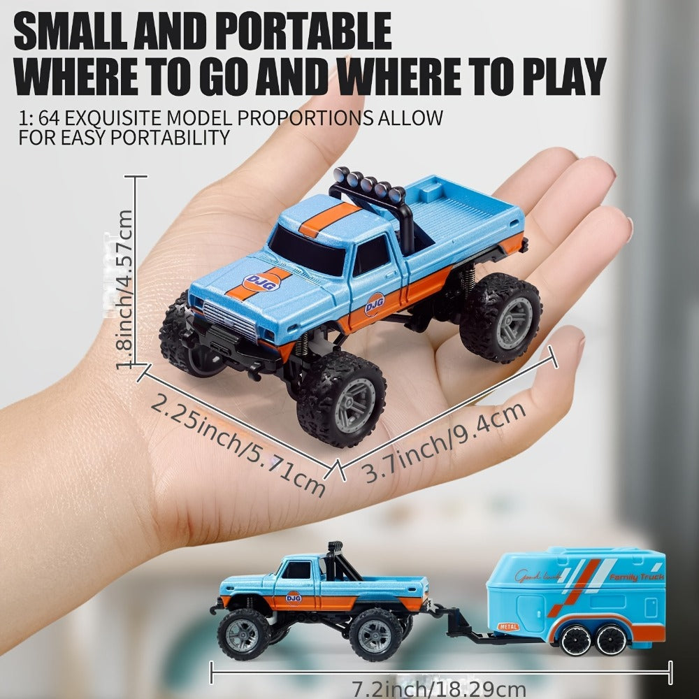 Mini RC Off-Road Truck with Trailer 1:64 Scale Die-Cast Remote Control Car with the Listed Color, Size or Set Options for Eve