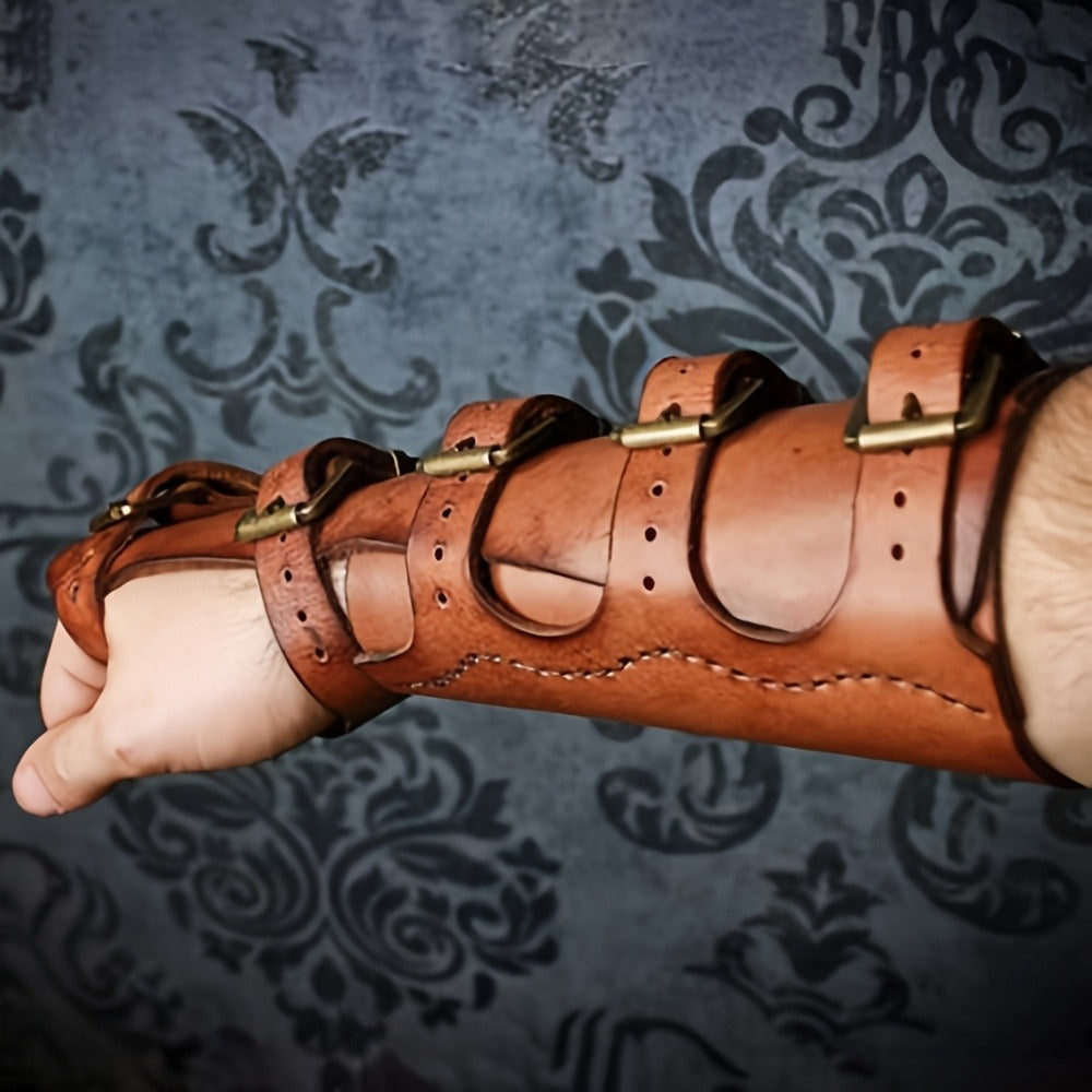 Embossed Fantasy Arm Bracer Pair in Brown with Buckle Straps for Medieval and Archer Costumes — image 3