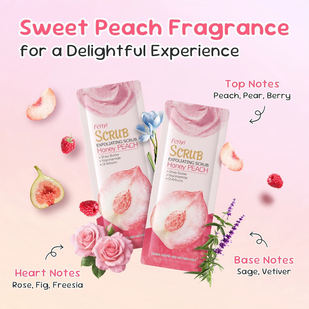 Peach Body Scrub with Jojoba Beads, Fifty 0.11oz Travel Sachets for Foot and Body Care at Home — image 2