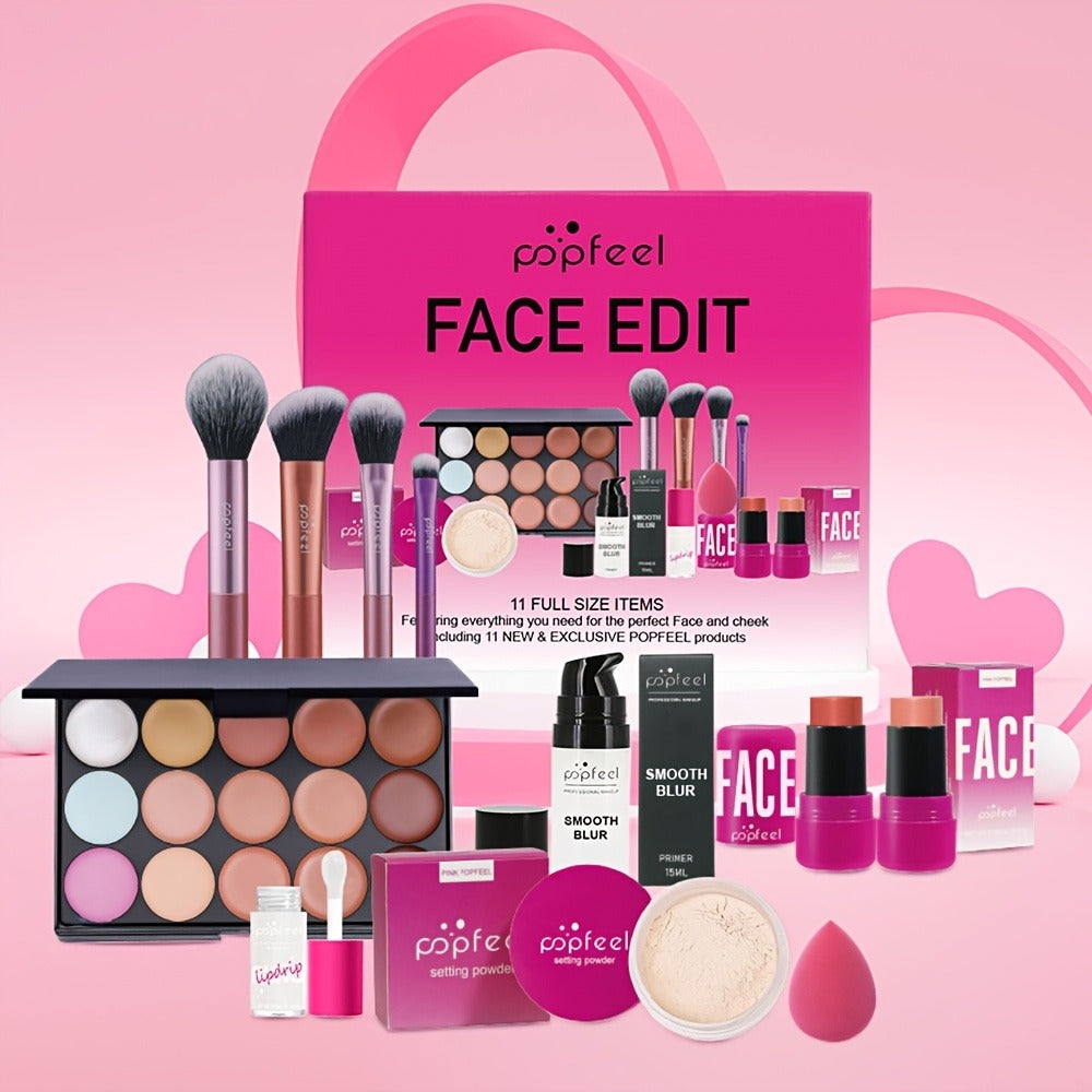 Pink Face Makeup Set with 15-Pan Face Palette, 9-Pan Color Palette, Four Brushes and Lip, Eye and Powder Products — image 1