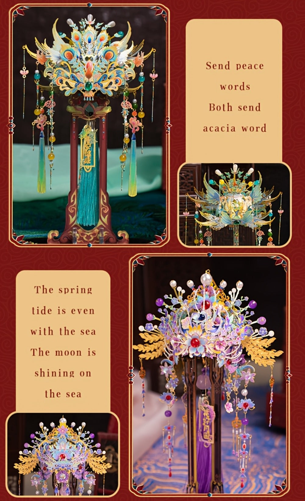 3D Metal Puzzle Phoenix Crown Qingluan – Blue & Gold DIY Assembly with Beads & Tassels, Chinese Mythology Art Collectible — i
