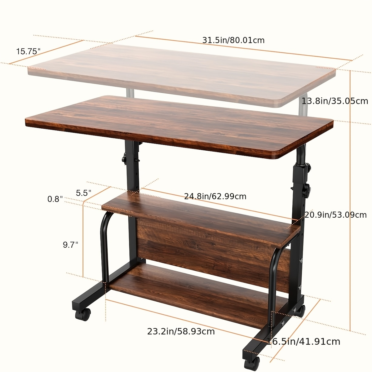 Garden Work Table 31.5" Adjustable Height Mobile Desk with Storage Shelves, Metal Frame, for Patio Outdoor Bedroom Office Pot