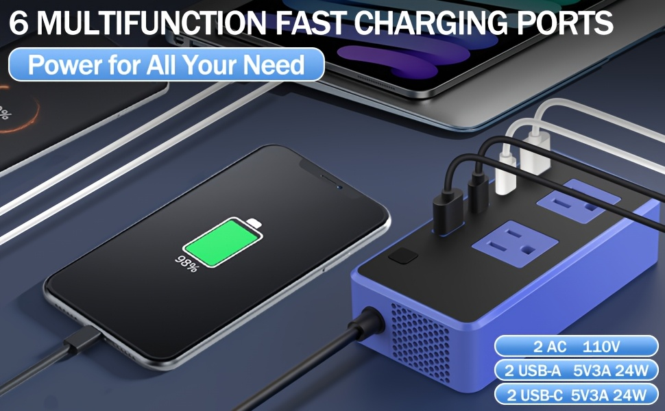Car Inverter Charger 200W DC 12V to AC 110V with PD 24W USB-C QC 24W Quick Charge Car Plug Adapter US Socket for Vehicle Offi
