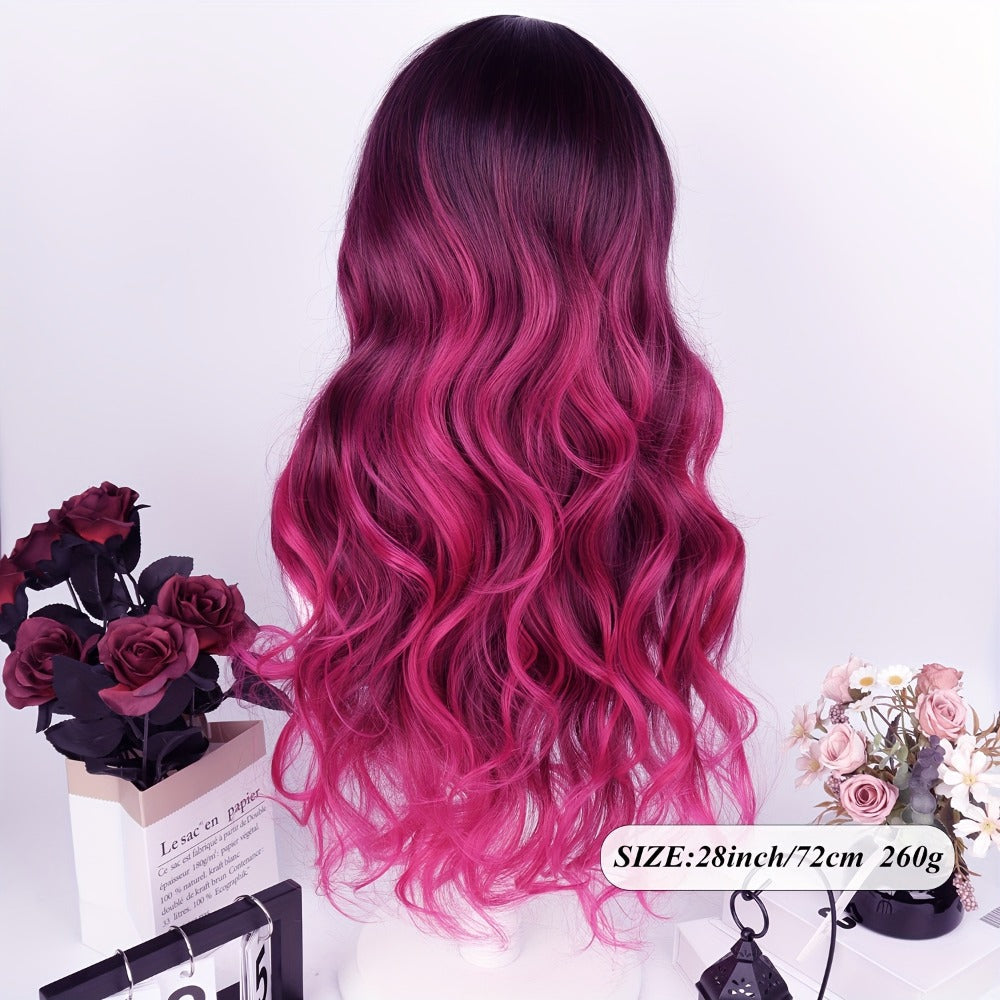 Synthetic Wig 28-Inch Rose-Red Gradient Waves with Air Bangs, 150% Density and Rose Net Cap — image 4