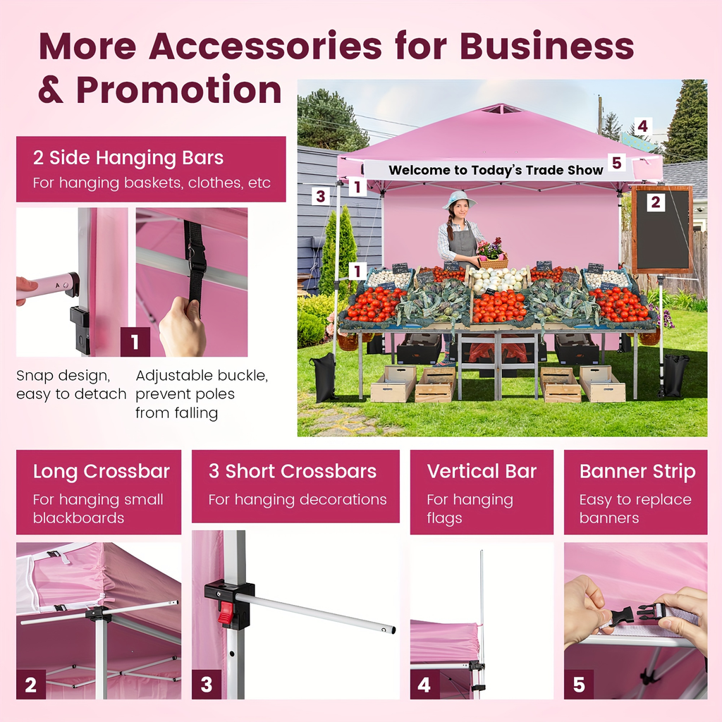 Pink 10x10ft Commercial Pop-Up Canopy Tent with Sidewall, Hanging Bars, Crossbars and Banner Strip — image 6