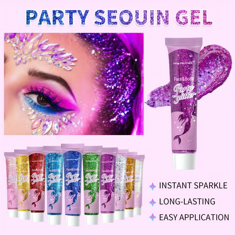 Face Body Glitter Gel Set 30 Pieces – Colorful Shapes Mermaid Sequin Stars Hearts, Transparent Gel Base, Skin-Safe Shimmer Ma