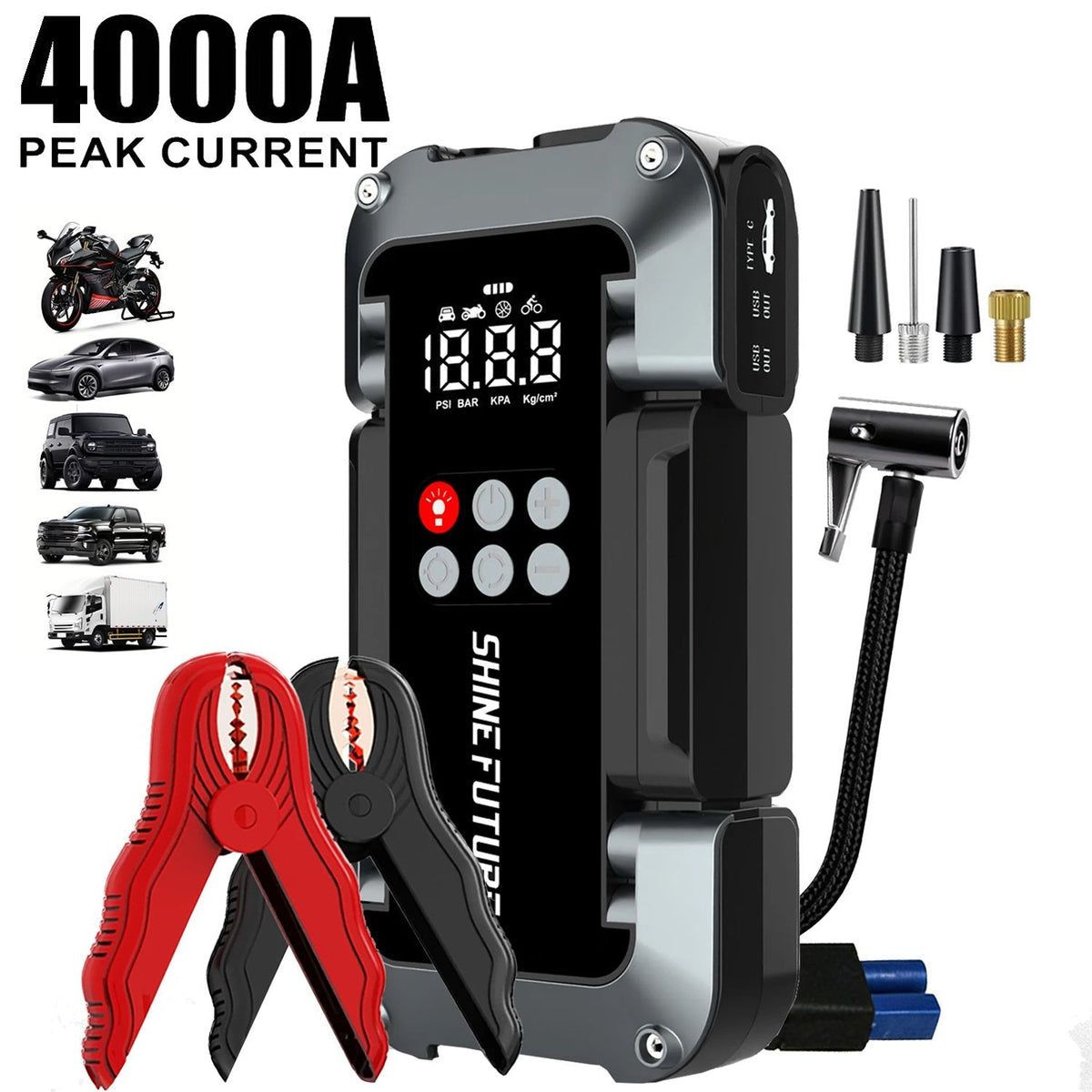 Portable Jump Starter Kit 4000A Peak 6-in-1 Battery Booster with Tire Inflator Power Bank Lithium for Garden, Patio and Yard 