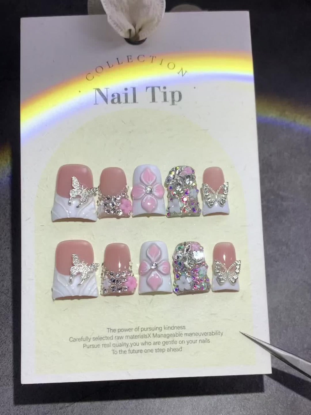 Press On Nails 10-Piece Short Duckbill Set with White French Tips, Golden Butterfly and 3D Carved Flower — image 9