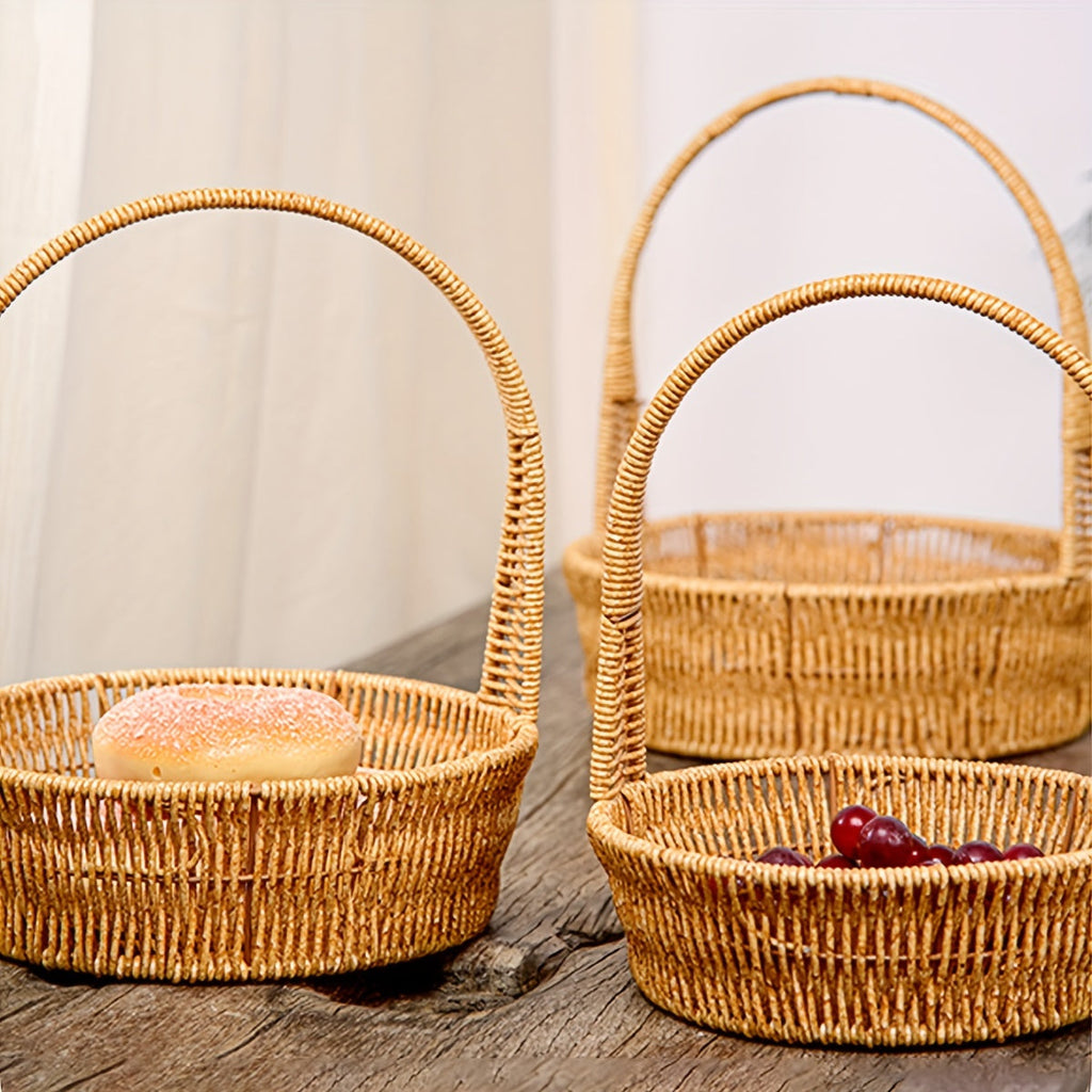 Rattan-Look Plastic Woven Carry Basket with Tall Handle in Small, Medium and Large Size Options — image 2