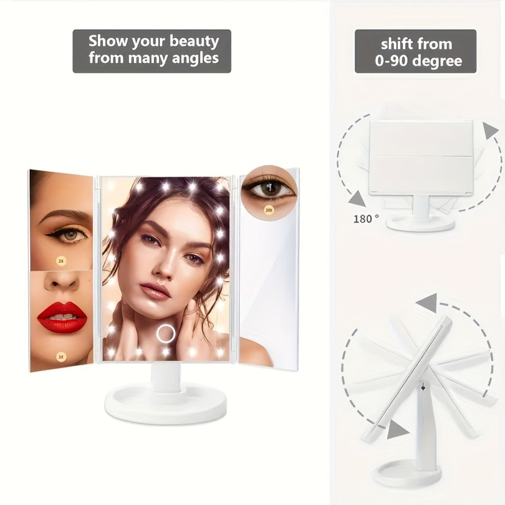 Vanity Mirror with Lights Tri-Fold 21 LED Lighted Makeup Mirror Touch Control 1X 2X 3X 10X Magnification 360 Rotation Dual Po