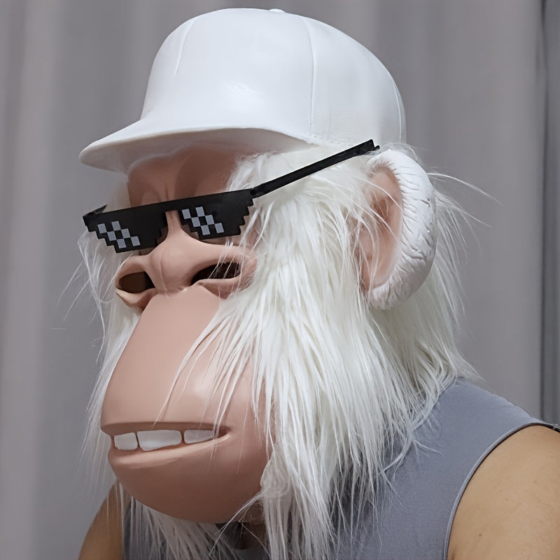 White-Haired Cartoon Ape Full-Head Costume Mask with White Cap and Pixel-Style Glasses in Two Face Styles — image 1