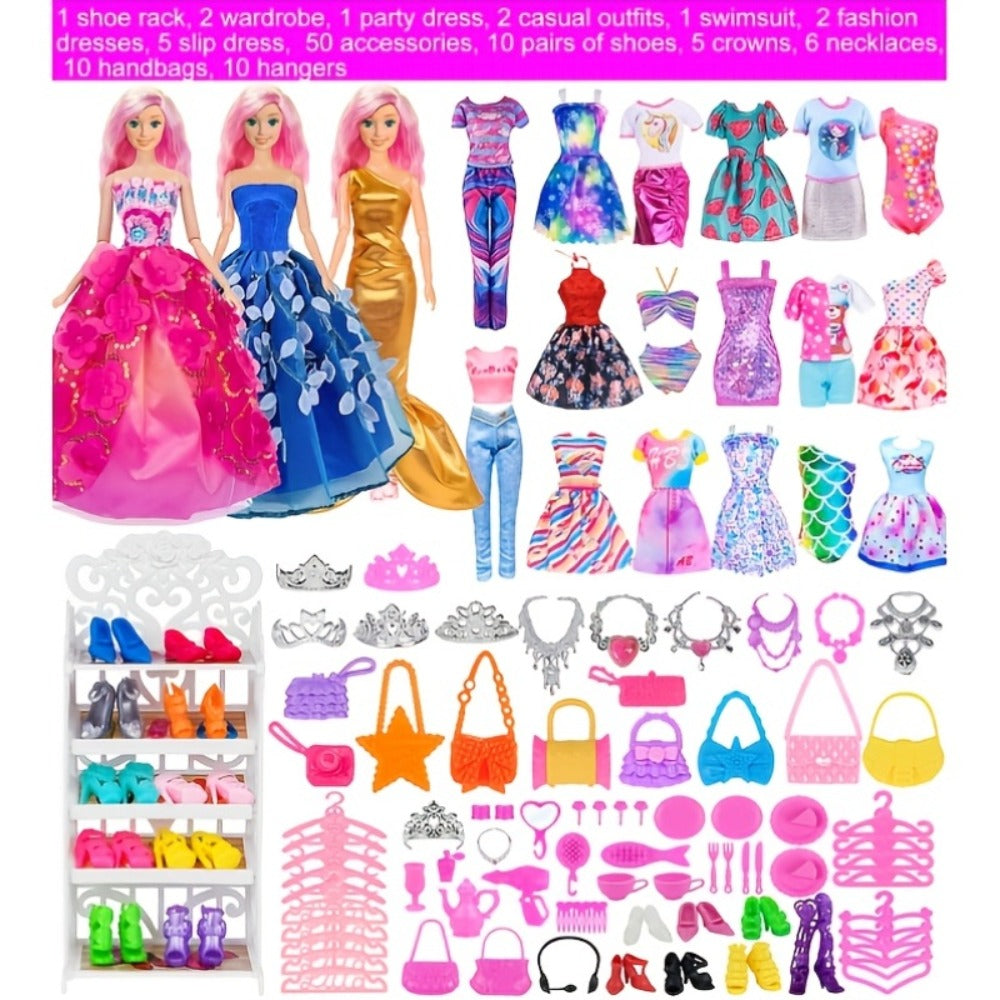 Doll Closet Playset 105 Piece Rose Wardrobe for 11.5 Inch Dolls, Wedding Gowns Fishtail Dress Swimsuit Shoes Handbags Crowns 