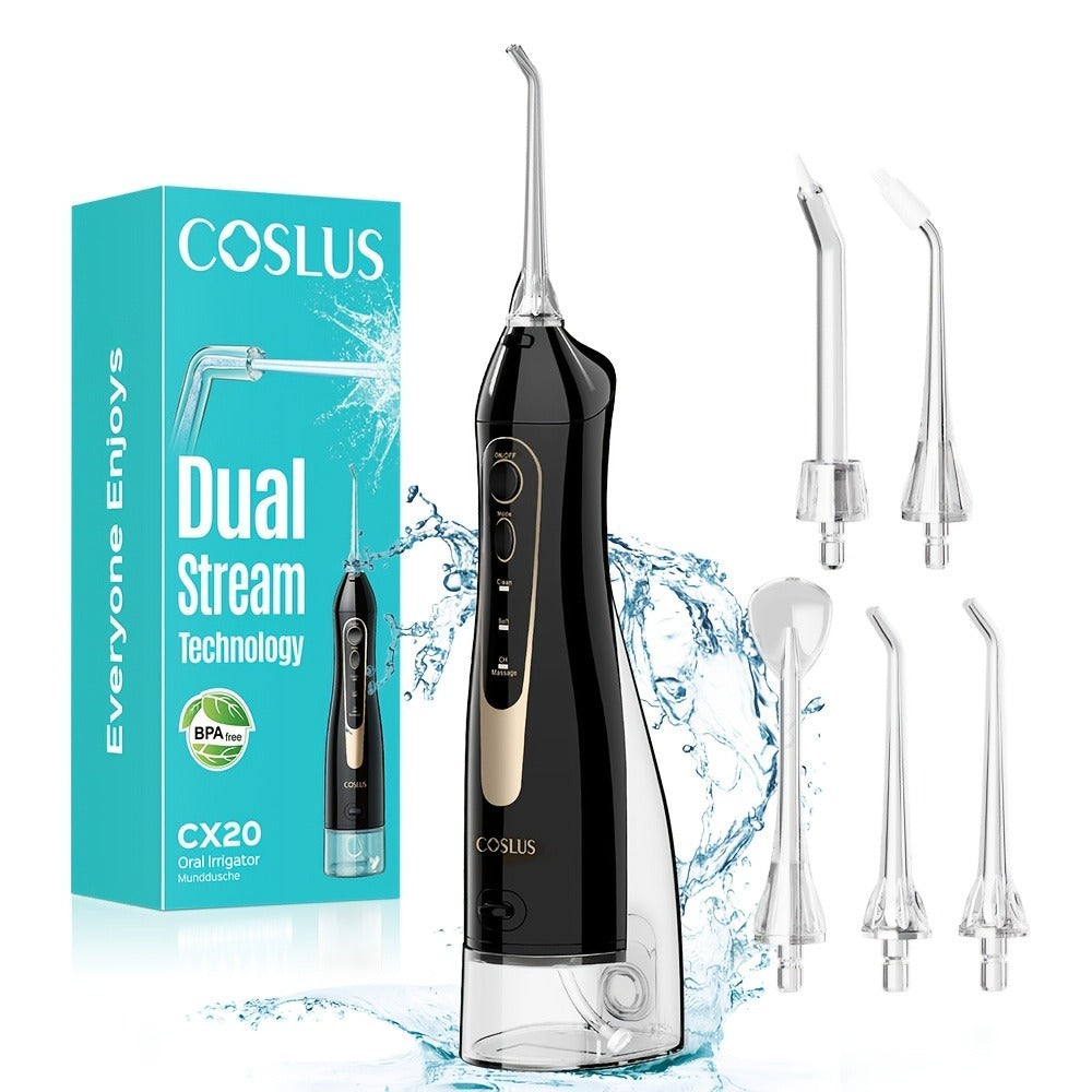 Water Flosser COSLUS CX20 Cordless Oral Irrigator with 300ml Detachable Tank, Five Tips, Rotating Nozzle and Gold Accents — i
