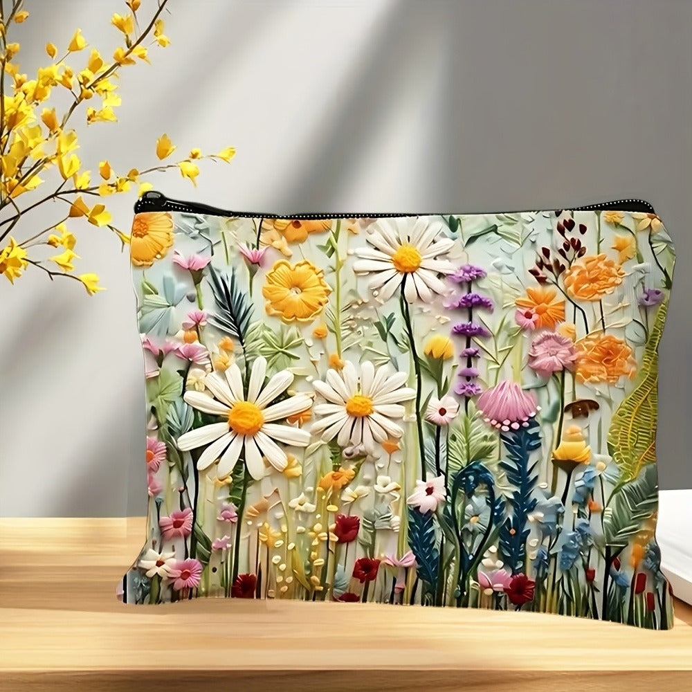 Makeup Bag Four-Piece Daisy Floral Foldable Zipper Pouch Set for Travel, Vanity and Everyday Beauty Storage — image 2