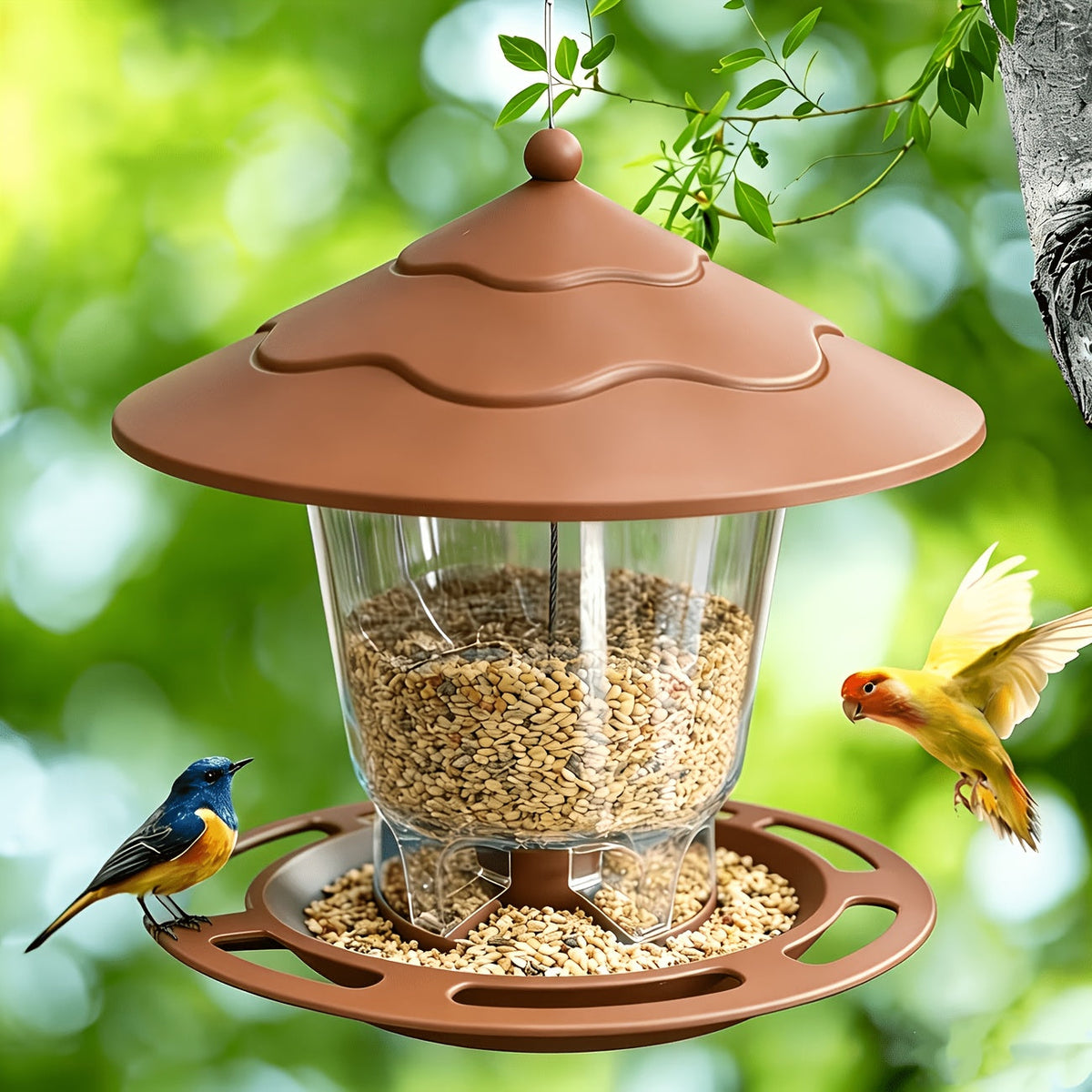 Hanging Bird Feeder with Tiered Roof, Clear Seed Chamber and Brown, Grey or Green Finish Options — image 7