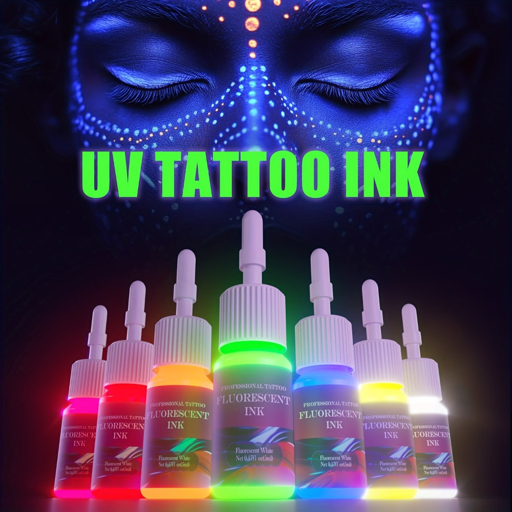 Tattoo Ink DMTATTOO UV Blacklight Set with Eight 5ml Bottles in White, Red, Orange, Green, Yellow, Purple, Blue and Pink — im