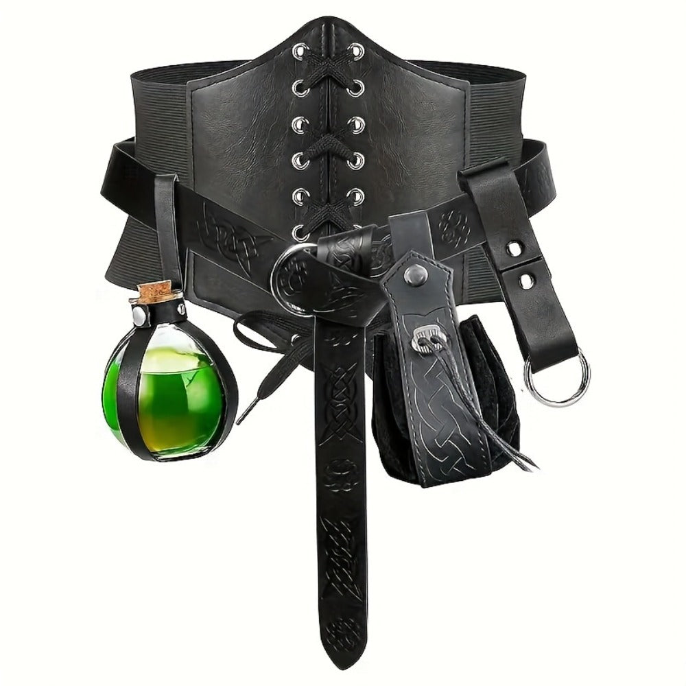 Renaissance Corset Set 5-Piece Ladies – Medieval Belt Pouch Potion Bottle Waist Protector, Women Halloween LARP Cosplay Renai