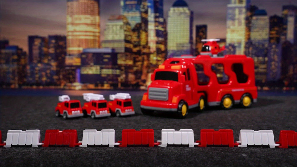 5-in-1 Fire Truck Playset for Kids 3-9, Friction Powered Interchangeable Rescue Vehicles Set with Carrier Truck — image 7