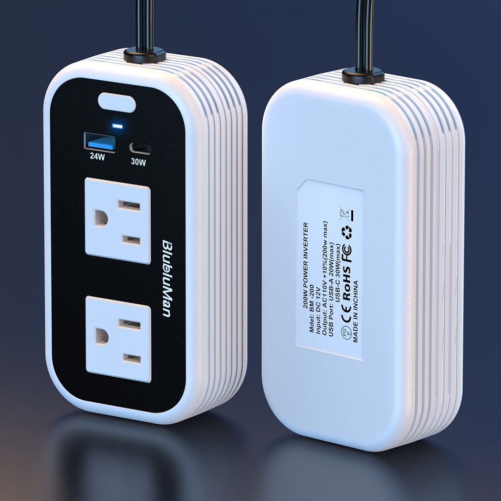 White-and-Black 200W Car Power Inverter with Two AC Outlets, 30W PD USB-C and 24W QC3.0 Ports — image 6