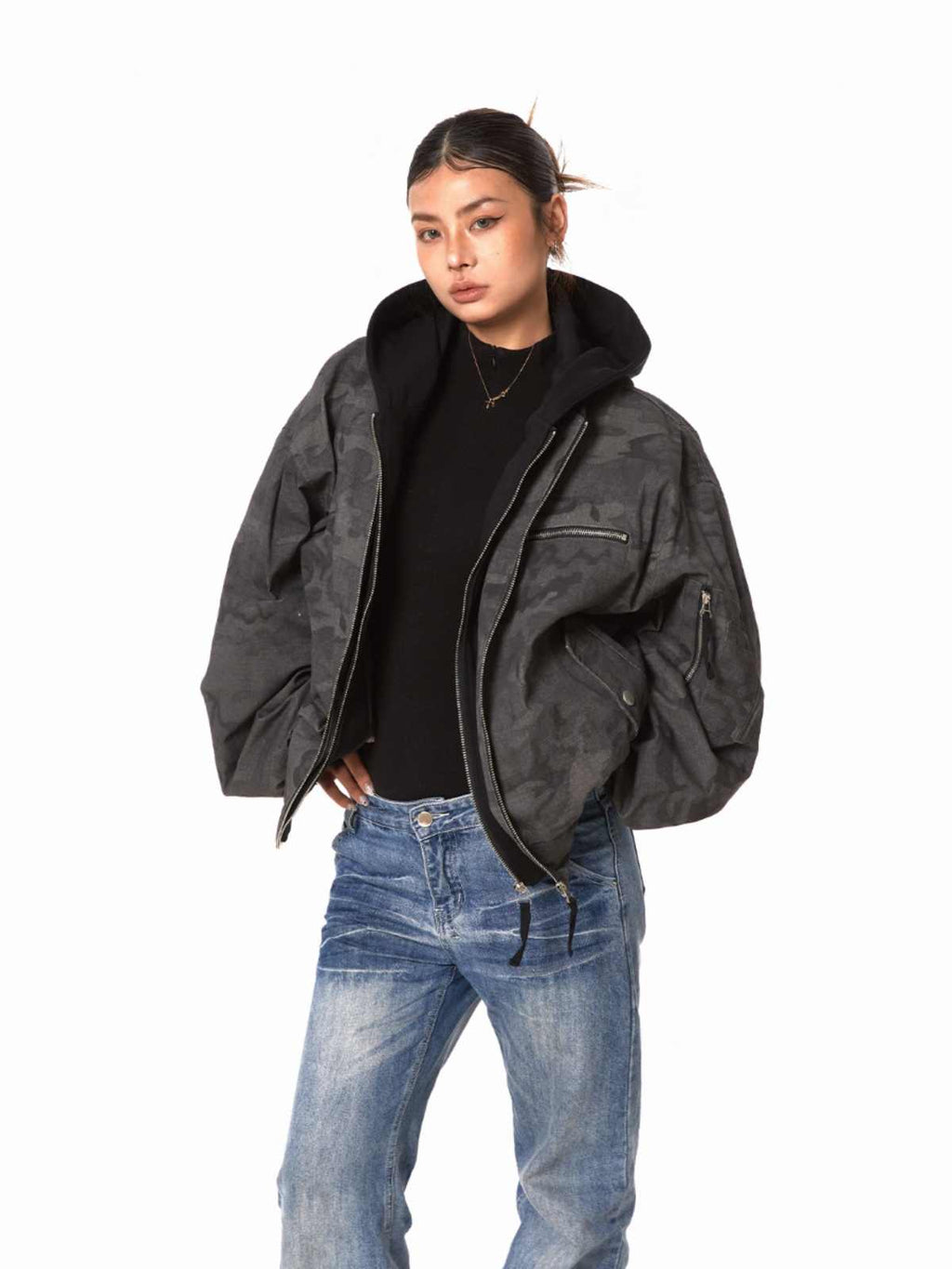 Retro Workwear Camouflage Coat Women Fake Two Pieces Loose Jacket
