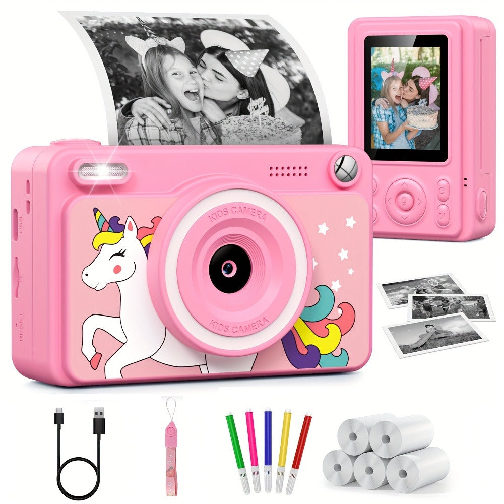 Kids Instant Print Camera with Cartoon Unicorn or Dinosaur Design, Paper Rolls, Color Pens and Four Color Options — image 2