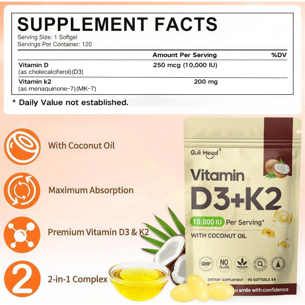 Vitamin D3 10000 IU + K2 MK-7 200mcg Softgels 90 Count with Extra Virgin Coconut Oil for Bath Time, Home Spa and Personal Car