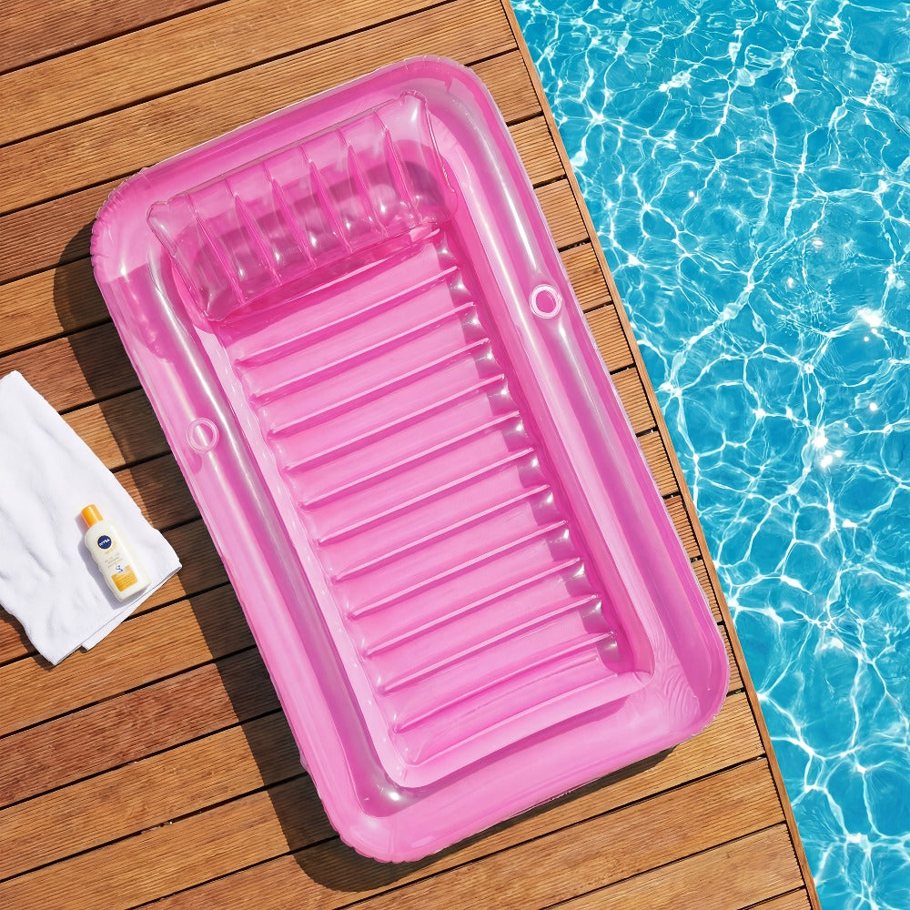 70 x 46-Inch Inflatable Pool Float Tanning Bed in Pink and White with Open Center and Raised Pillow — image 6