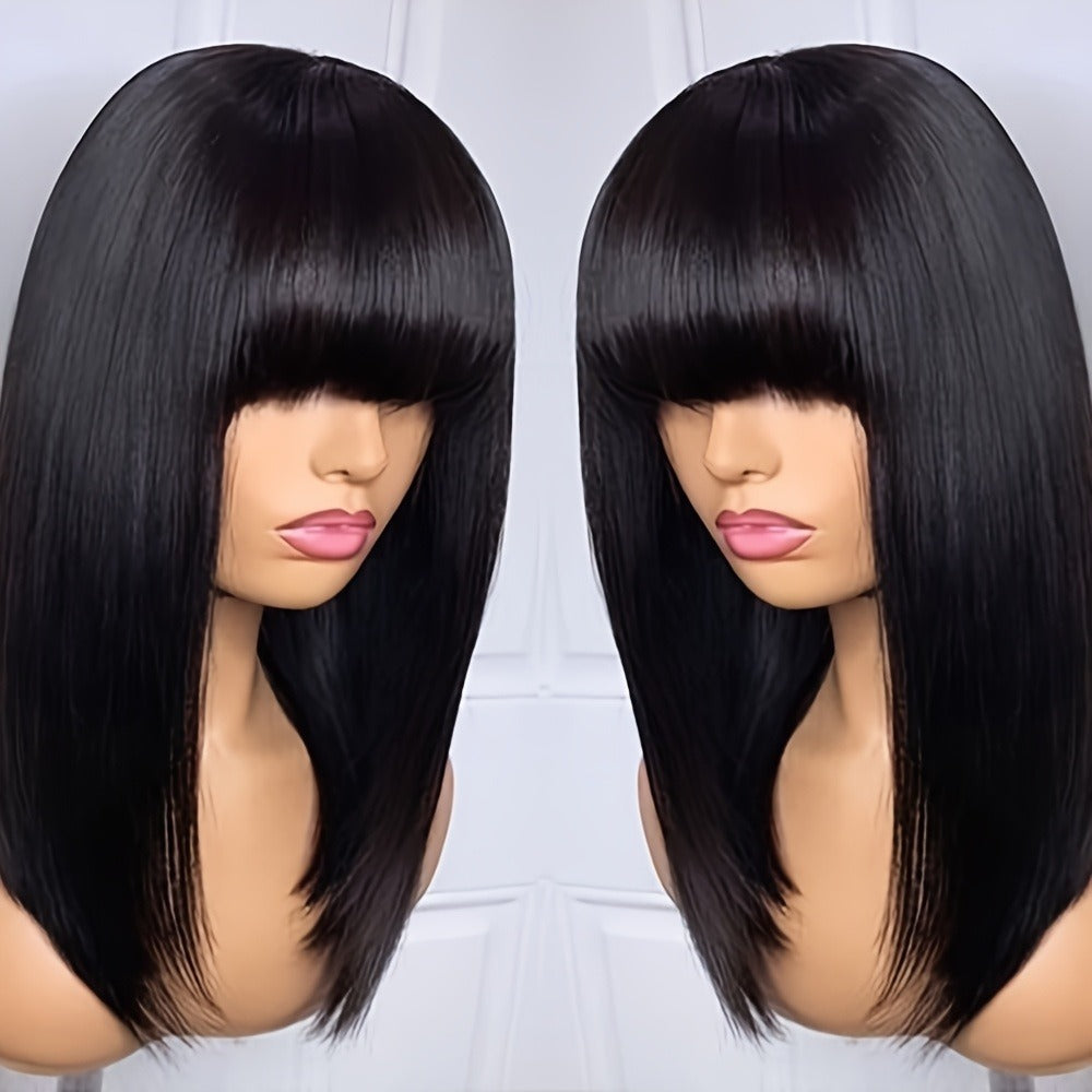 Synthetic Wig 16-Inch Black Straight Blunt Bob with Bangs, 180% Density and Rose Net Cap for Office Wear — image 2