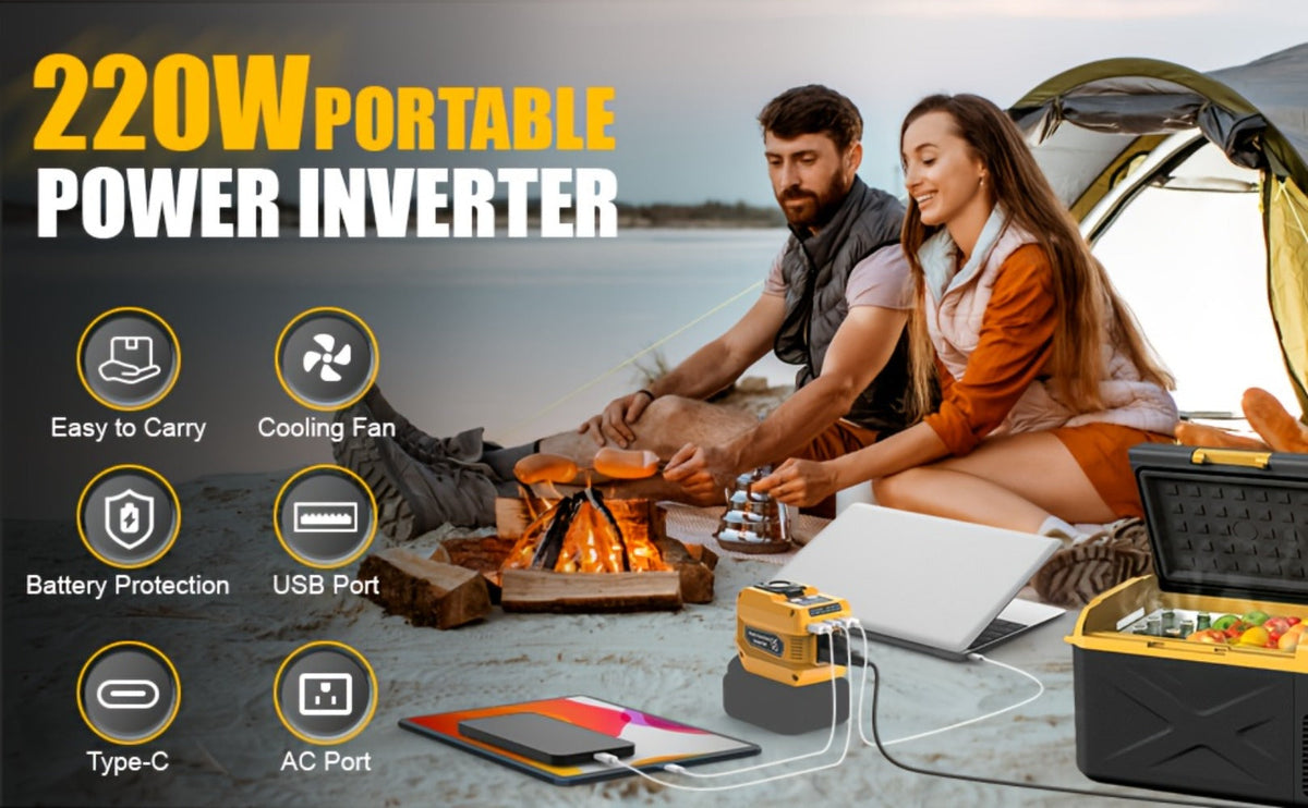 Portable Power Inverter 200W – DeWalt 20V Battery Compatible, DC to AC 110V, 2 USB + Type-C Fast Charging, 400LM Work Light, 