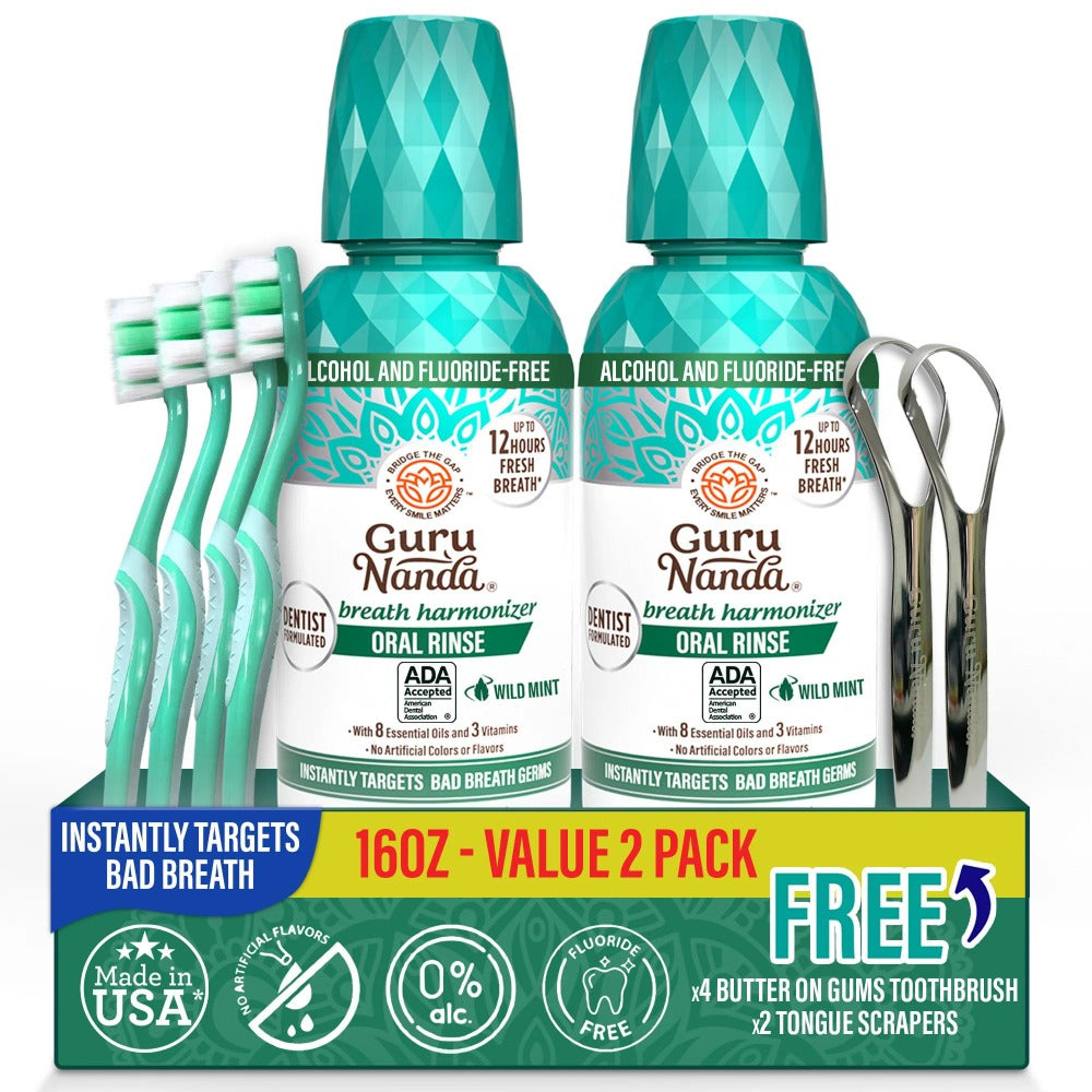 GuruNanda Alcohol Free Mouthwash 2 Pack 16 oz Each Fluoride Free Oral Rinse with 8 Essential Oils Sodium — image 1