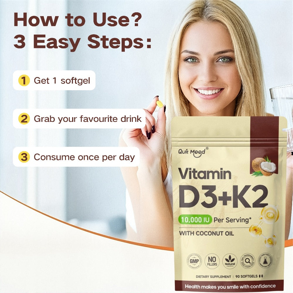 Vitamin D3 10000 IU + K2 MK-7 200mcg Softgels 90 Count with Extra Virgin Coconut Oil for Bath Time, Home Spa and Personal Car
