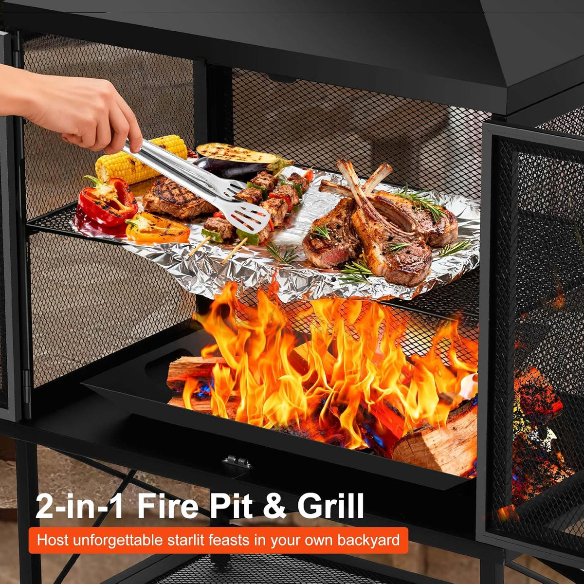 Outdoor Fireplace 39 Inch Rectangular Wood Burning Fire Pit with Grill, Spark Screen & Poker — image 2