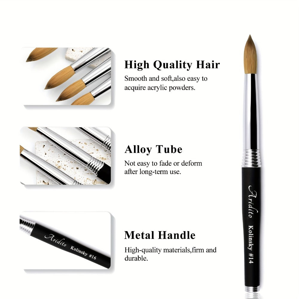 100% Pure Kolinsky Round Head Acrylic Nail Art Brush Black Metal Handle Size 12 14 16 18 – Professional Nail Extension & Acry