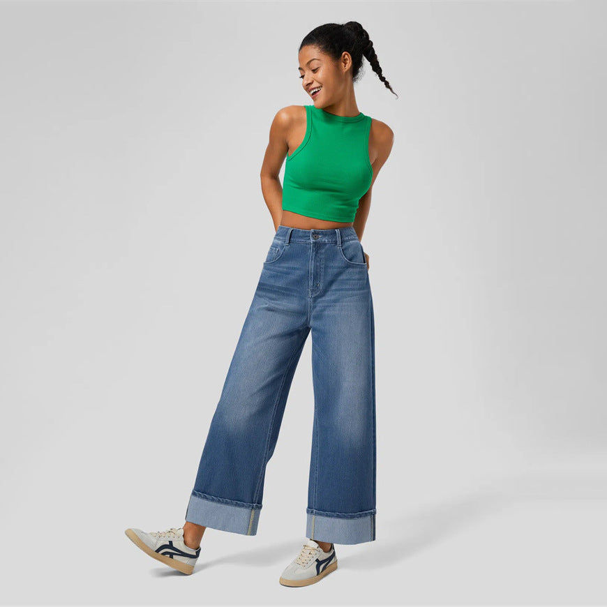 High-waisted Trousers-foot Curling Straight Jeans